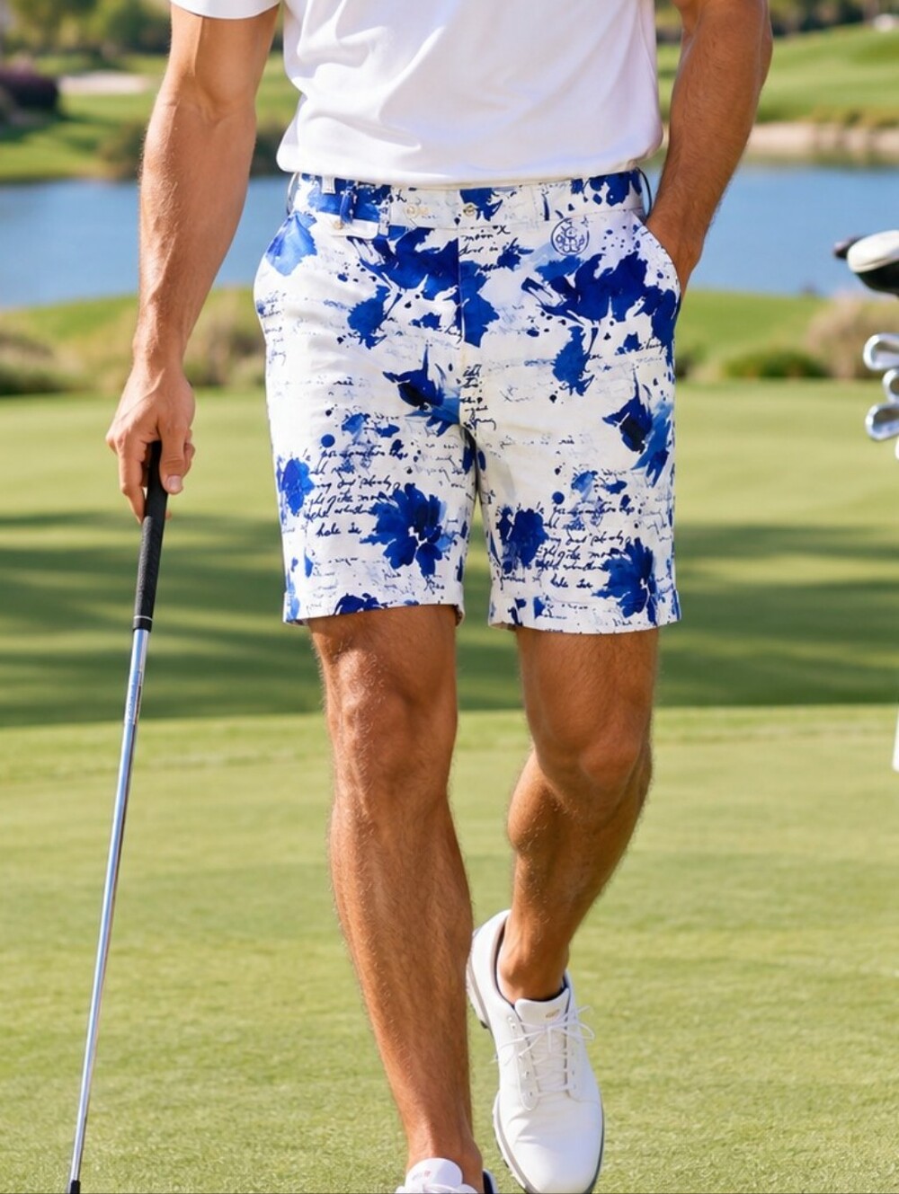 Polo Ralph Lauren Golf Men's Blue White Floral Script Cotton Shorts Size 38